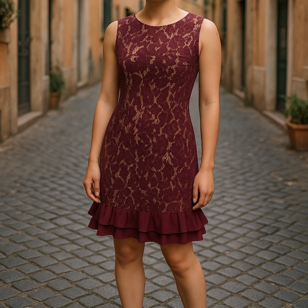 Donna Ricvo Elegant Burgundy Lace Dress, new